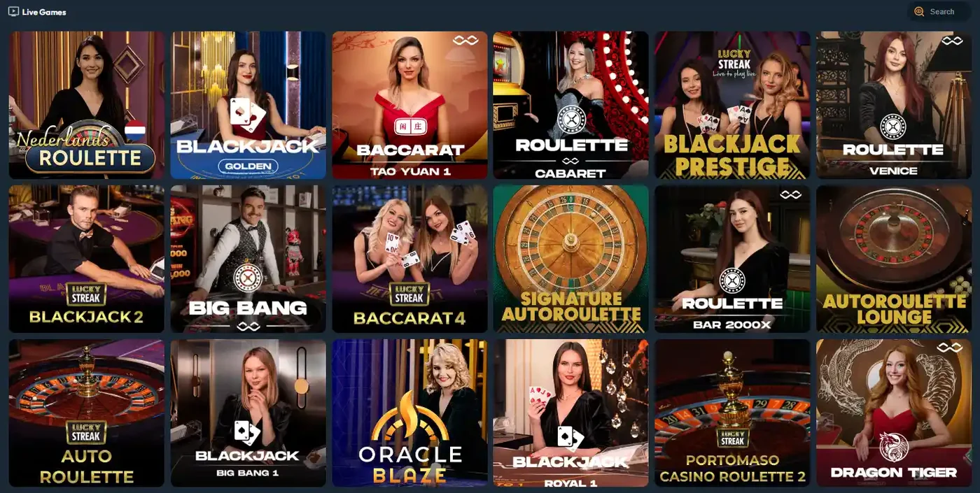 Live casino lobby bij Slotorado Casino